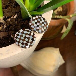 Vintage Mother Of Pearl Checkered Disc Button Earrings